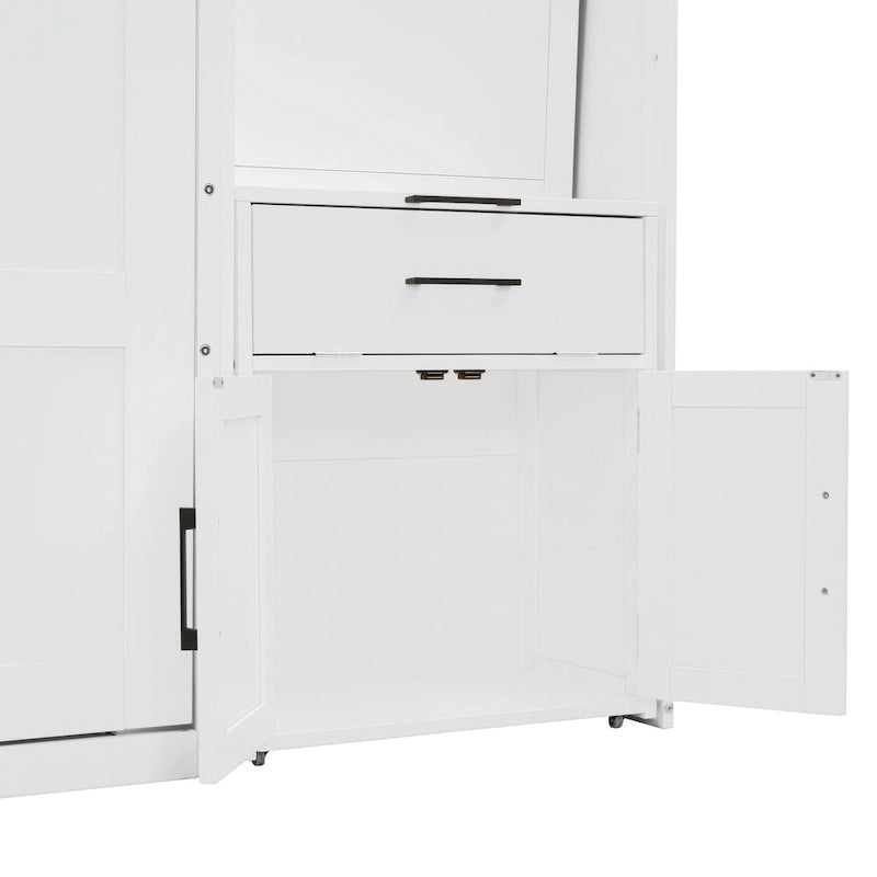 Lit escamotable mural simple avec placard, tiroirs et bureau – Blanc / Gris, 1 personne