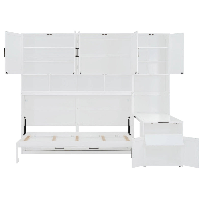 Lit escamotable mural simple avec placard, tiroirs et bureau – Blanc / Gris, 1 personne