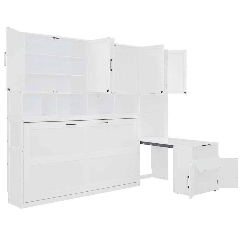 Lit escamotable mural simple avec placard, tiroirs et bureau – Blanc / Gris, 1 personne