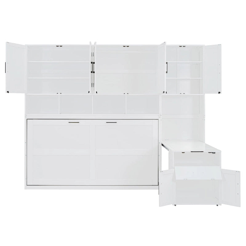 Lit escamotable mural simple avec placard, tiroirs et bureau – Blanc / Gris, 1 personne