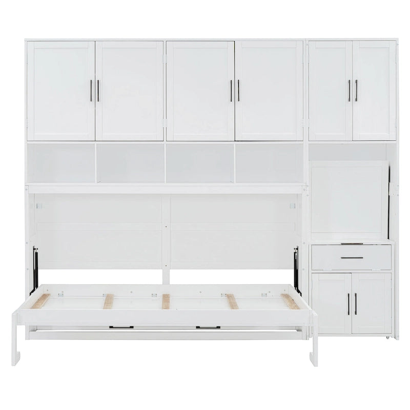 Lit escamotable mural simple avec placard, tiroirs et bureau – Blanc / Gris, 1 personne