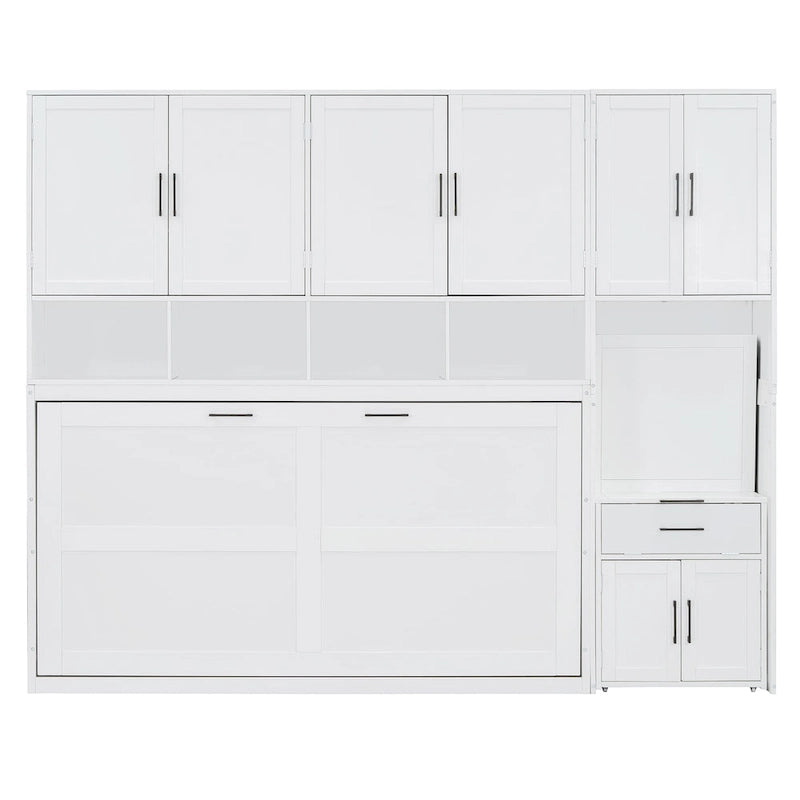 Lit escamotable mural simple avec placard, tiroirs et bureau – Blanc / Gris, 1 personne