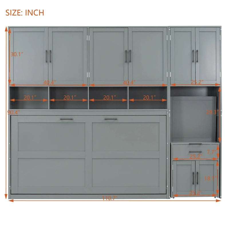 Lit escamotable mural simple avec placard, tiroirs et bureau – Blanc / Gris, 1 personne