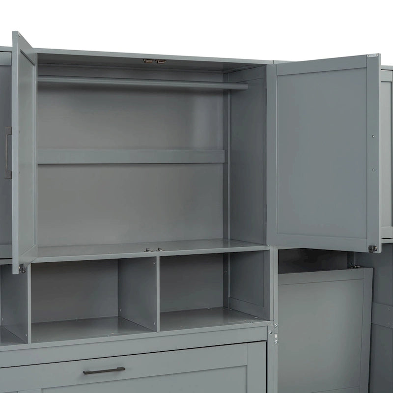 Lit escamotable mural simple avec placard, tiroirs et bureau – Blanc / Gris, 1 personne