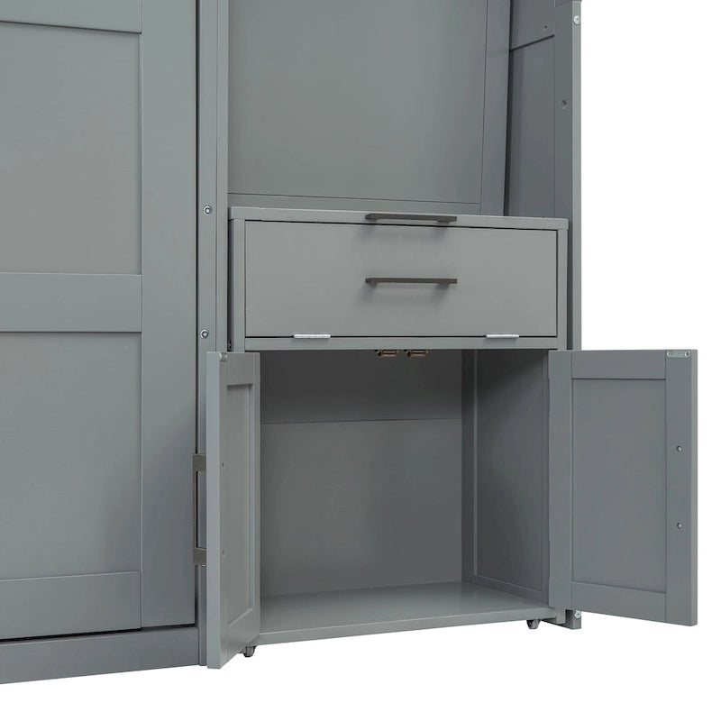 Lit escamotable mural simple avec placard, tiroirs et bureau – Blanc / Gris, 1 personne