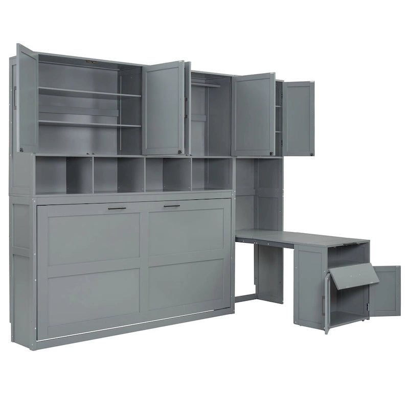 Lit escamotable mural simple avec placard, tiroirs et bureau – Blanc / Gris, 1 personne