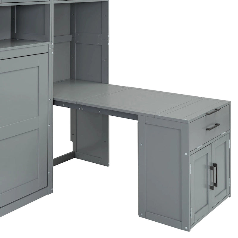 Lit escamotable mural simple avec placard, tiroirs et bureau – Blanc / Gris, 1 personne