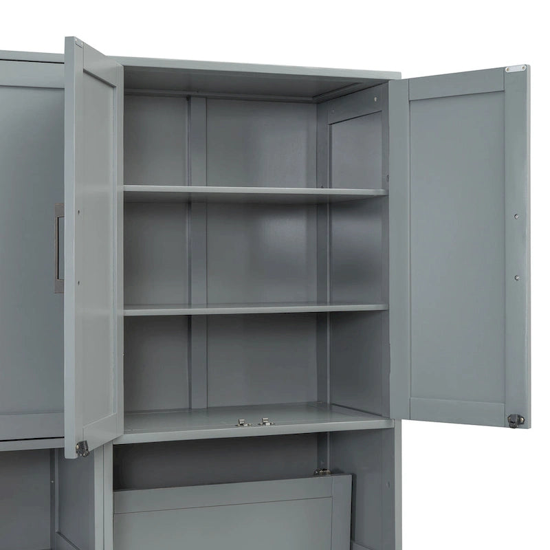Lit escamotable mural simple avec placard, tiroirs et bureau – Blanc / Gris, 1 personne