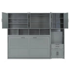 Lit escamotable mural simple avec placard, tiroirs et bureau – Blanc / Gris, 1 personne