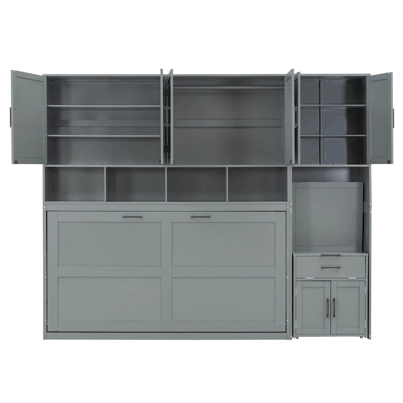 Lit escamotable mural simple avec placard, tiroirs et bureau – Blanc / Gris, 1 personne
