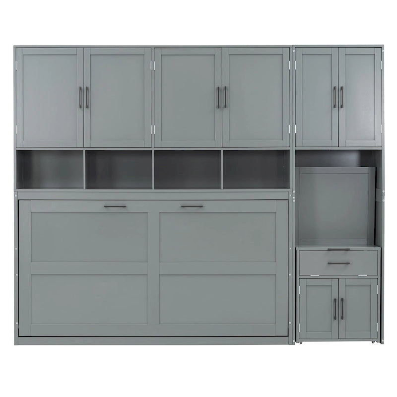 Lit escamotable mural simple avec placard, tiroirs et bureau – Blanc / Gris, 1 personne
