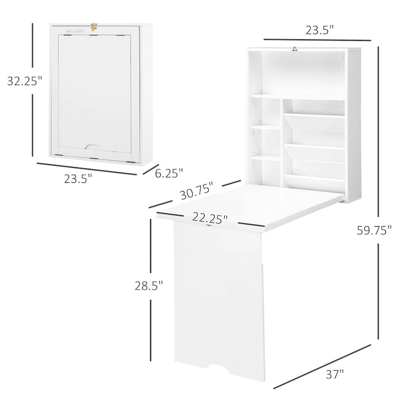 Bureau pliable mural blanc avec étagères, 1 personne