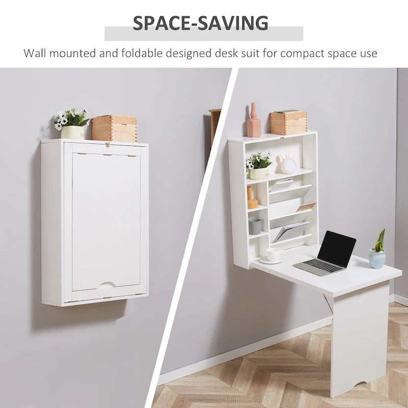Bureau pliable mural blanc avec étagères, 1 personne