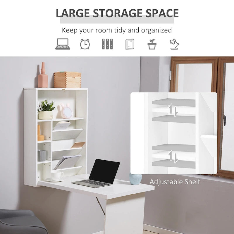 Bureau pliable mural blanc avec étagères, 1 personne