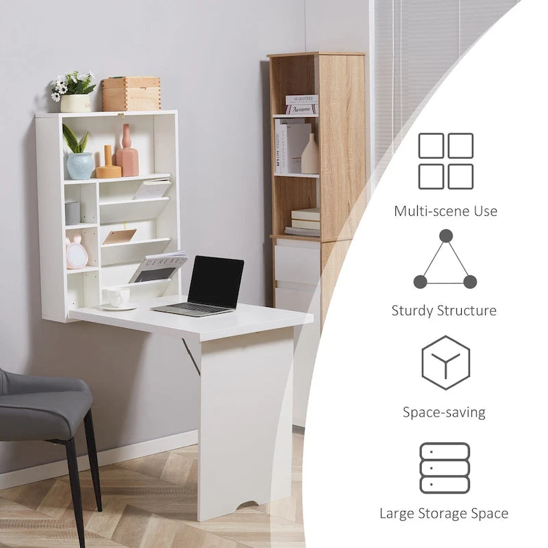 Bureau pliable mural blanc avec étagères, 1 personne
