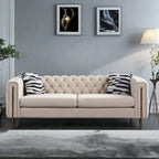 Canapé 3 places Chesterfield velours crème/bleu, capitonné, pieds dorés