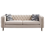 Canapé 3 places Chesterfield velours crème/bleu, capitonné, pieds dorés