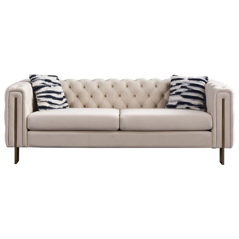 Canapé 3 places Chesterfield velours crème/bleu, capitonné, pieds dorés