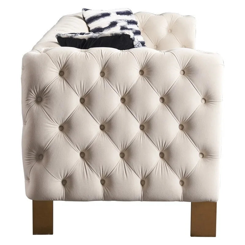 Canapé 3 places Chesterfield velours crème/bleu, capitonné, pieds dorés