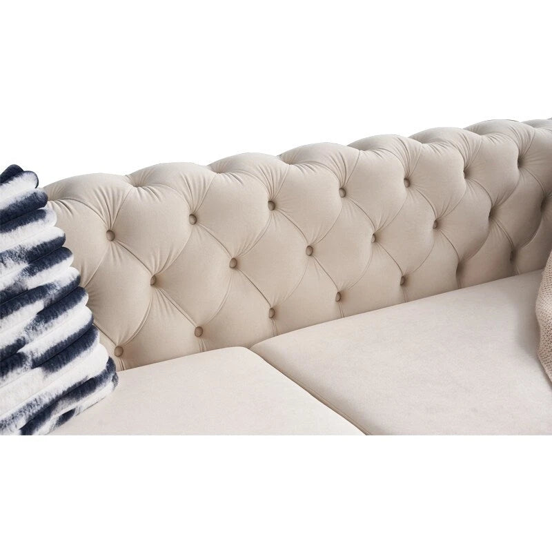 Canapé 3 places Chesterfield velours crème/bleu, capitonné, pieds dorés