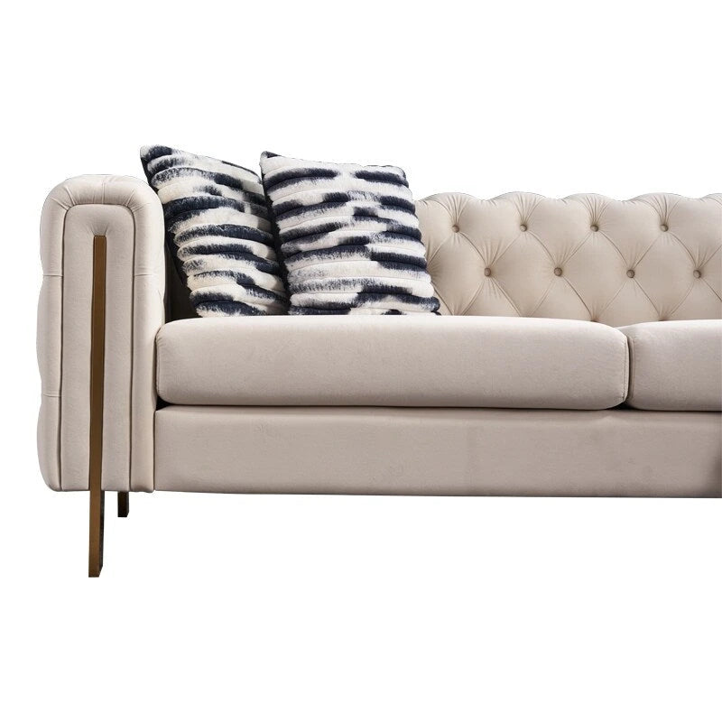 Canapé 3 places Chesterfield velours crème/bleu, capitonné, pieds dorés