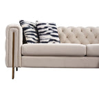 Canapé 3 places Chesterfield velours crème/bleu, capitonné, pieds dorés
