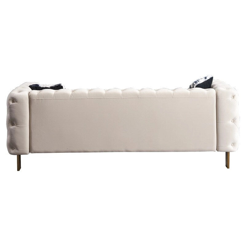 Canapé 3 places Chesterfield velours crème/bleu, capitonné, pieds dorés