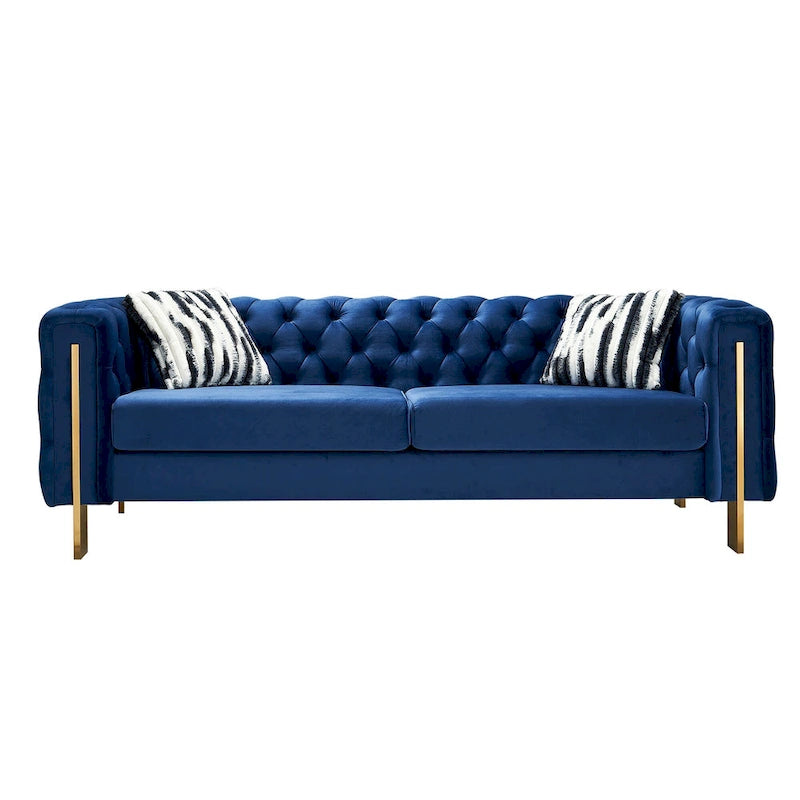 Canapé 3 places Chesterfield velours crème/bleu, capitonné, pieds dorés