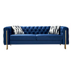 Canapé 3 places Chesterfield velours crème/bleu, capitonné, pieds dorés