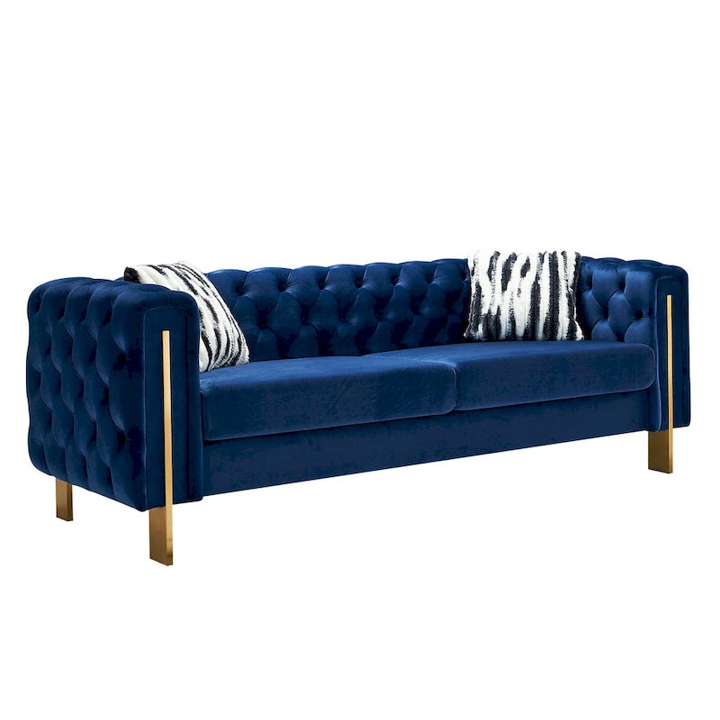 Canapé 3 places Chesterfield velours crème/bleu, capitonné, pieds dorés