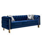 Canapé 3 places Chesterfield velours crème/bleu, capitonné, pieds dorés