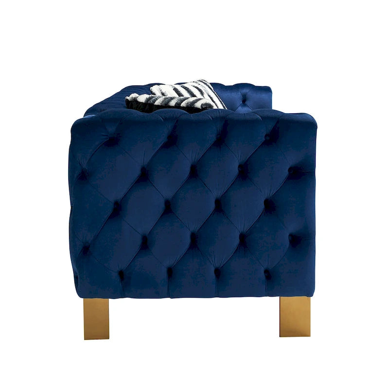 Canapé 3 places Chesterfield velours crème/bleu, capitonné, pieds dorés