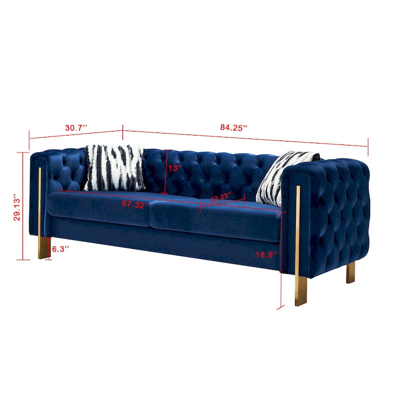 Canapé 3 places Chesterfield velours crème/bleu, capitonné, pieds dorés