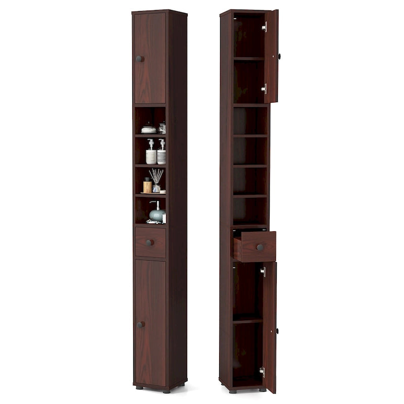 Meuble de rangement haut et étroit pour salle de bain avec tiroir, coloris marron/gris/noir