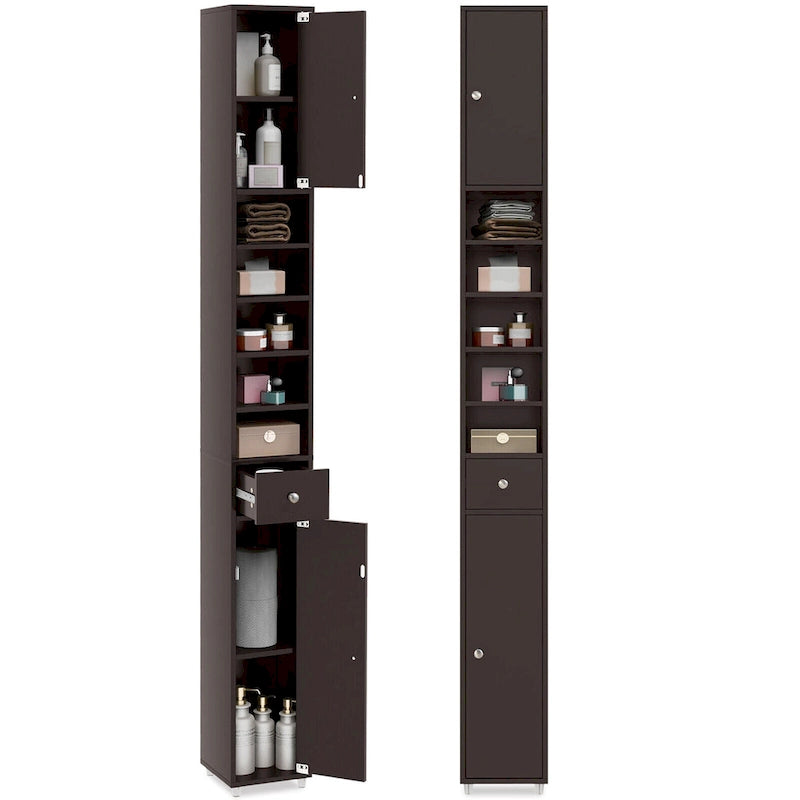 Meuble de rangement haut et étroit pour salle de bain avec tiroir, coloris marron/gris/noir