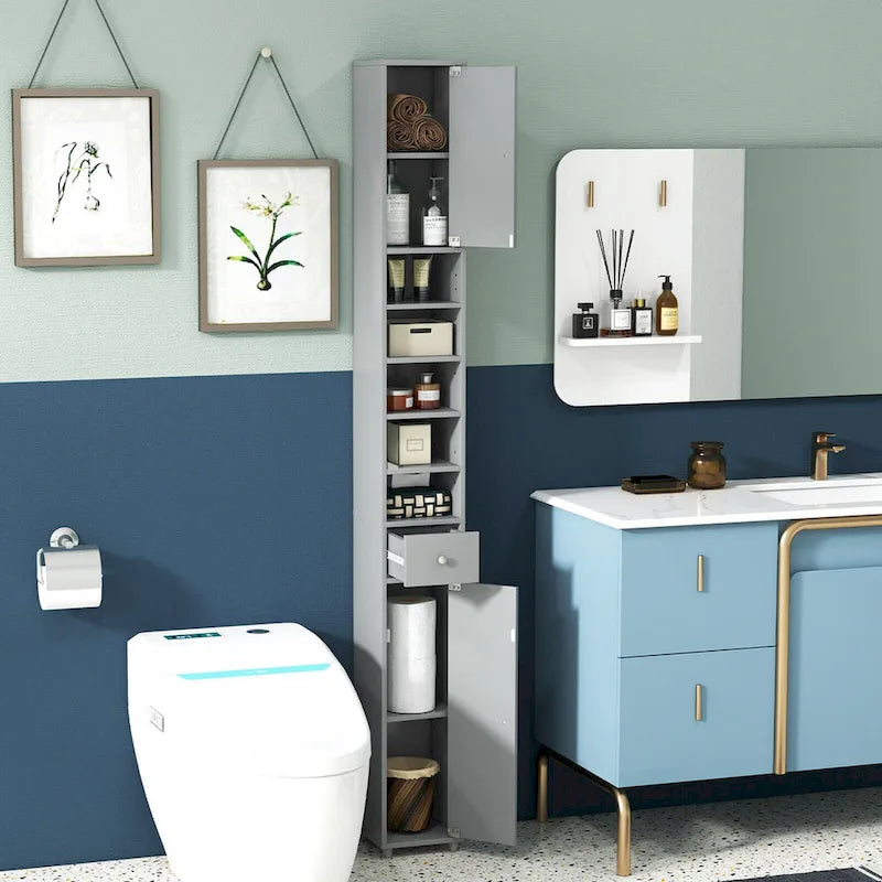 Meuble de rangement haut et étroit pour salle de bain avec tiroir, coloris marron/gris/noir