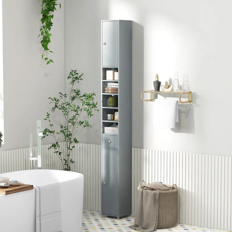 Meuble de rangement haut et étroit pour salle de bain avec tiroir, coloris marron/gris/noir