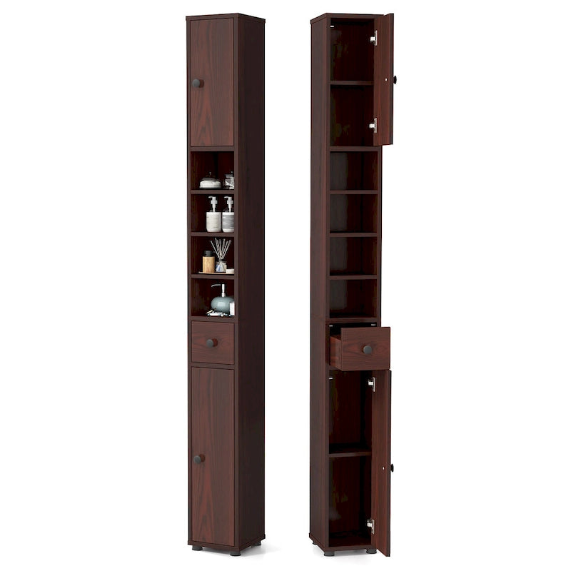 Meuble de rangement haut et étroit pour salle de bain avec tiroir, coloris marron/gris/noir