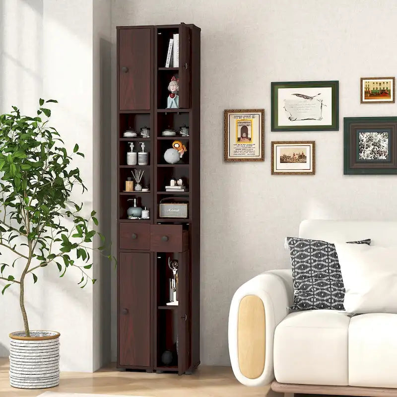 Meuble de rangement haut et étroit pour salle de bain avec tiroir, coloris marron/gris/noir