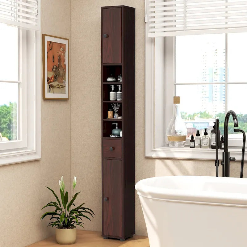 Meuble de rangement haut et étroit pour salle de bain avec tiroir, coloris marron/gris/noir