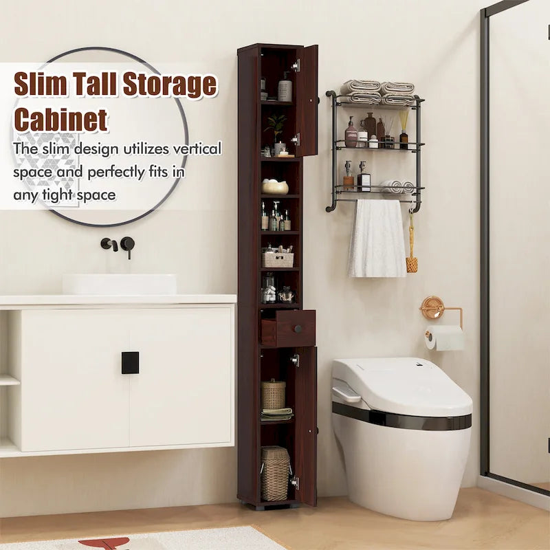 Meuble de rangement haut et étroit pour salle de bain avec tiroir, coloris marron/gris/noir
