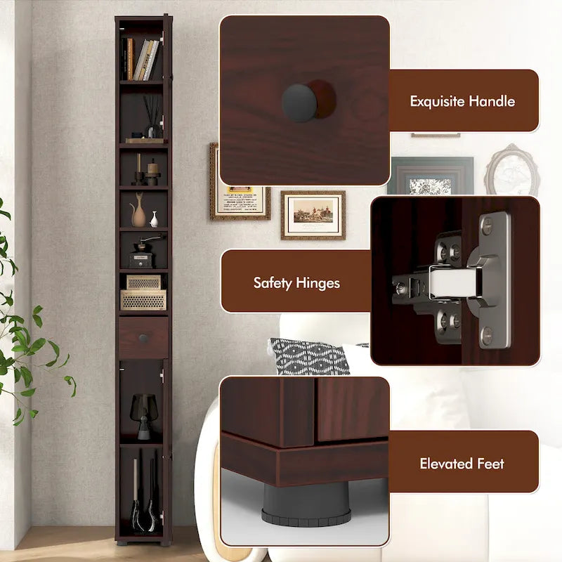 Meuble de rangement haut et étroit pour salle de bain avec tiroir, coloris marron/gris/noir