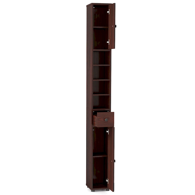 Meuble de rangement haut et étroit pour salle de bain avec tiroir, coloris marron/gris/noir
