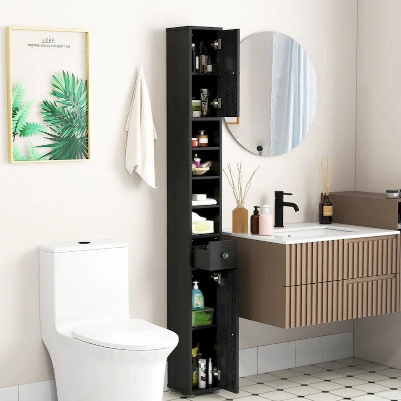 Meuble de rangement haut et étroit pour salle de bain avec tiroir, coloris marron/gris/noir