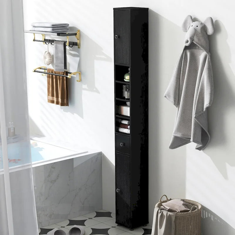 Meuble de rangement haut et étroit pour salle de bain avec tiroir, coloris marron/gris/noir