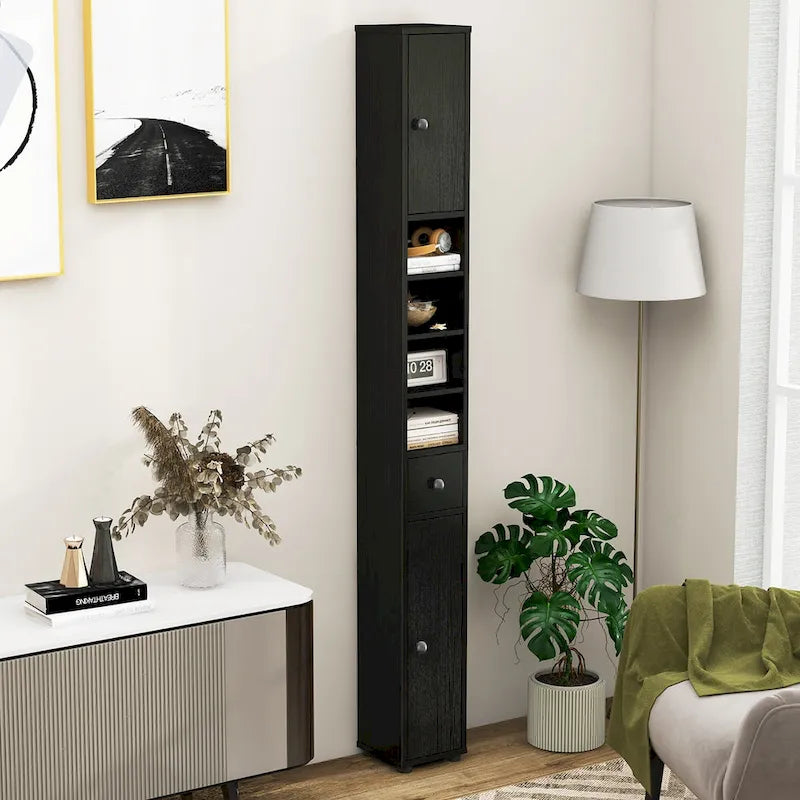 Meuble de rangement haut et étroit pour salle de bain avec tiroir, coloris marron/gris/noir