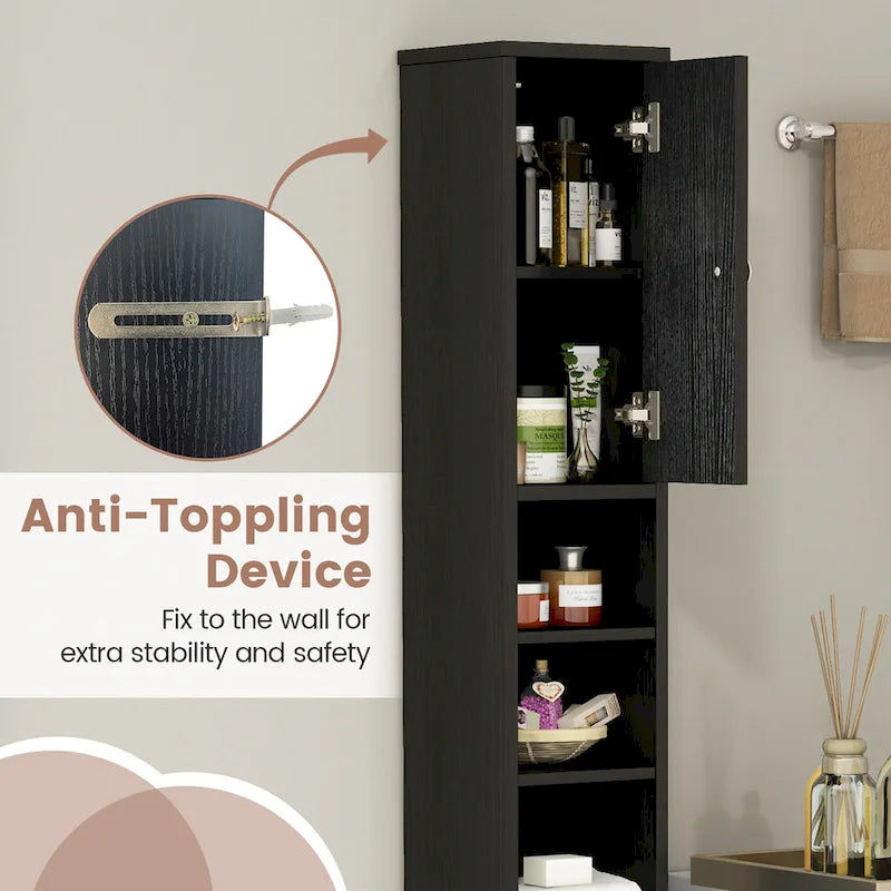 Meuble de rangement haut et étroit pour salle de bain avec tiroir, coloris marron/gris/noir