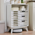 Meuble bas à porte à lattes en blanc uni/gris foncé/chêne naturel, style Mid-Century, simple