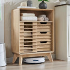 Meuble bas à porte à lattes en blanc uni/gris foncé/chêne naturel, style Mid-Century, simple