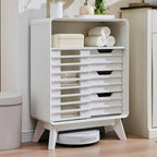 Meuble bas à porte à lattes en blanc uni/gris foncé/chêne naturel, style Mid-Century, simple